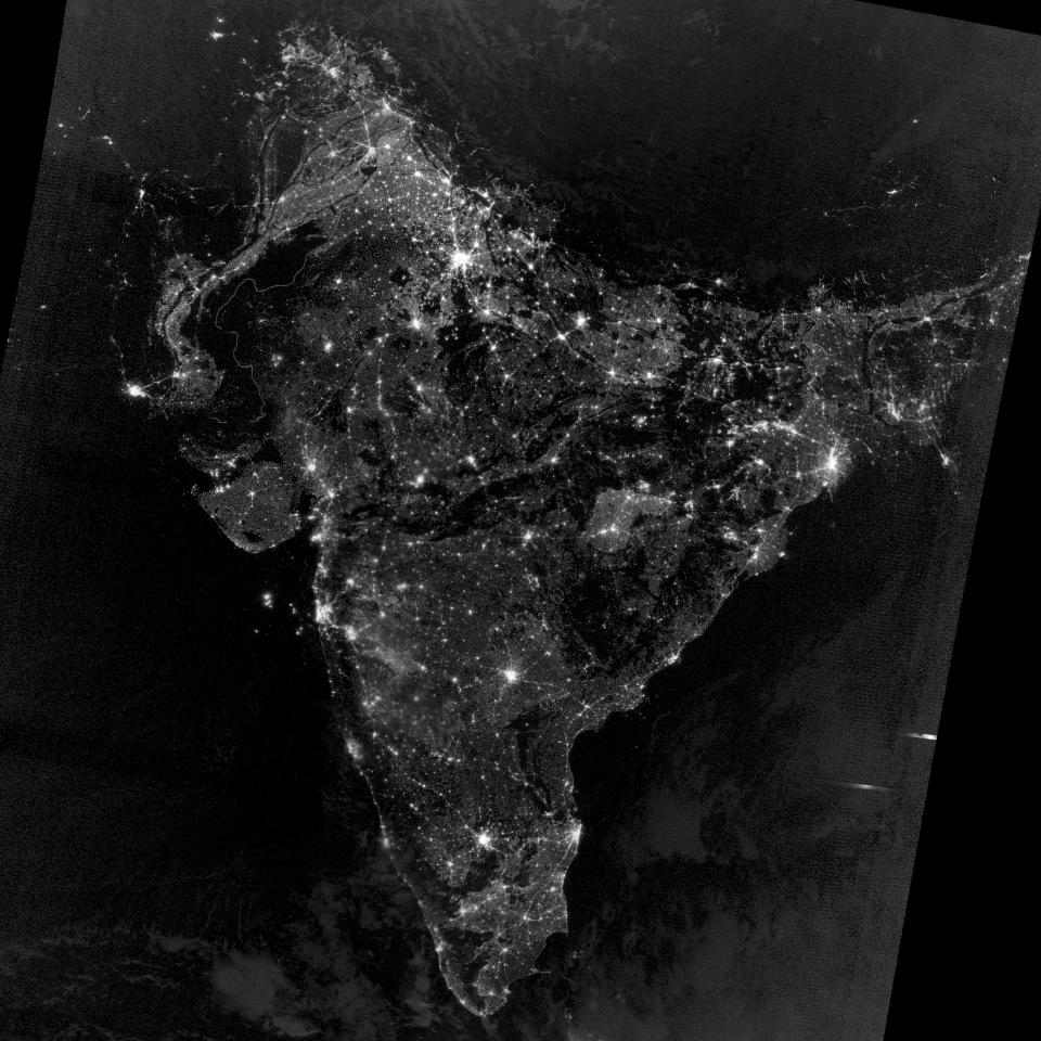 On November 12, 2012, the Visible Infrared Imaging Radiometer Suite (VIIRS) on the Suomi NPP satellite captured this nighttime view of southern Asia. The image is based on data collected by the VIIRS “day-night band,” which detects light in a range of wavelengths from green to near-infrared. The image has been brightened to make the city lights easier to distinguish. (NASA)