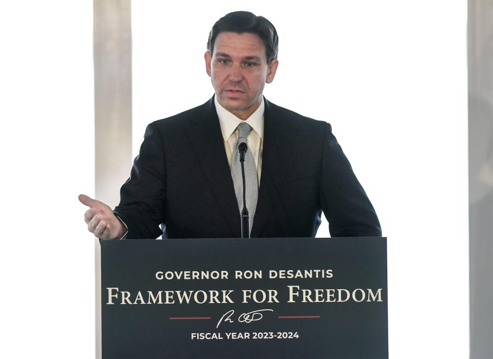 Florida Governor Ron DeSantis speaks at the Pelican Yacht Club on Thursday June 15, 2023, in Fort Pierce.