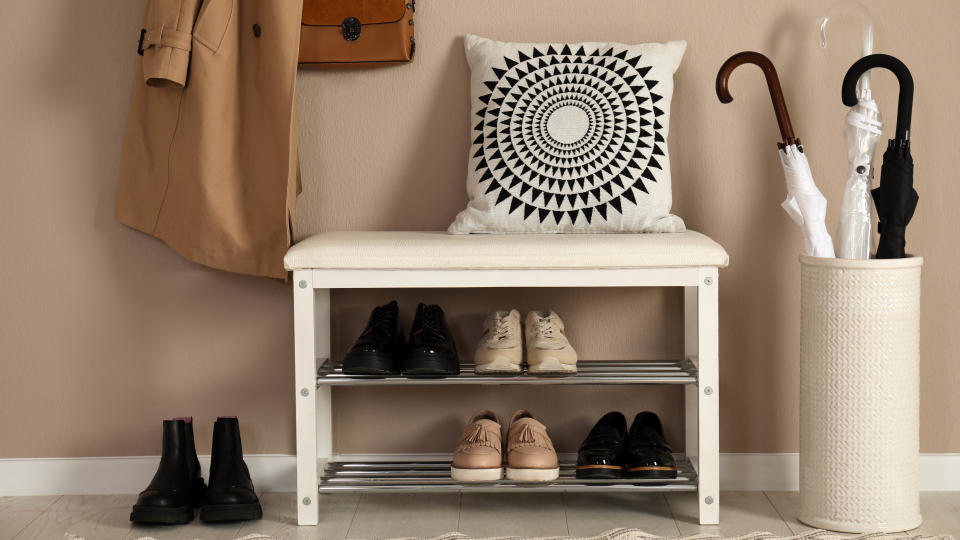 White shoe storage bench