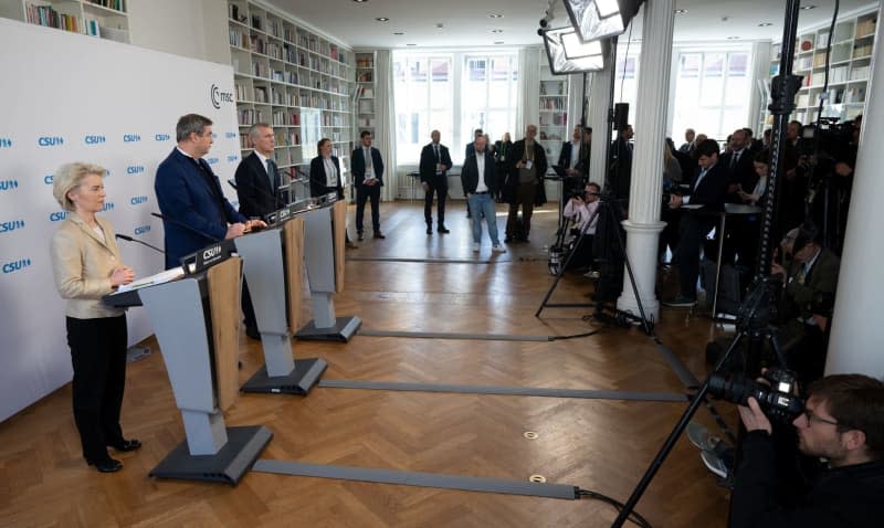 (L-R) European Commission President Ursula von der Leyen, Bavaria's State Premier Markus Soeder and NATO Secretary General Jens Stoltenberg take part in the CSU's Transatlantic Forum as part of the 60th Munich Security Conference (MSC), held from February 16 to 18, 2024. Sven Hoppe/dpa