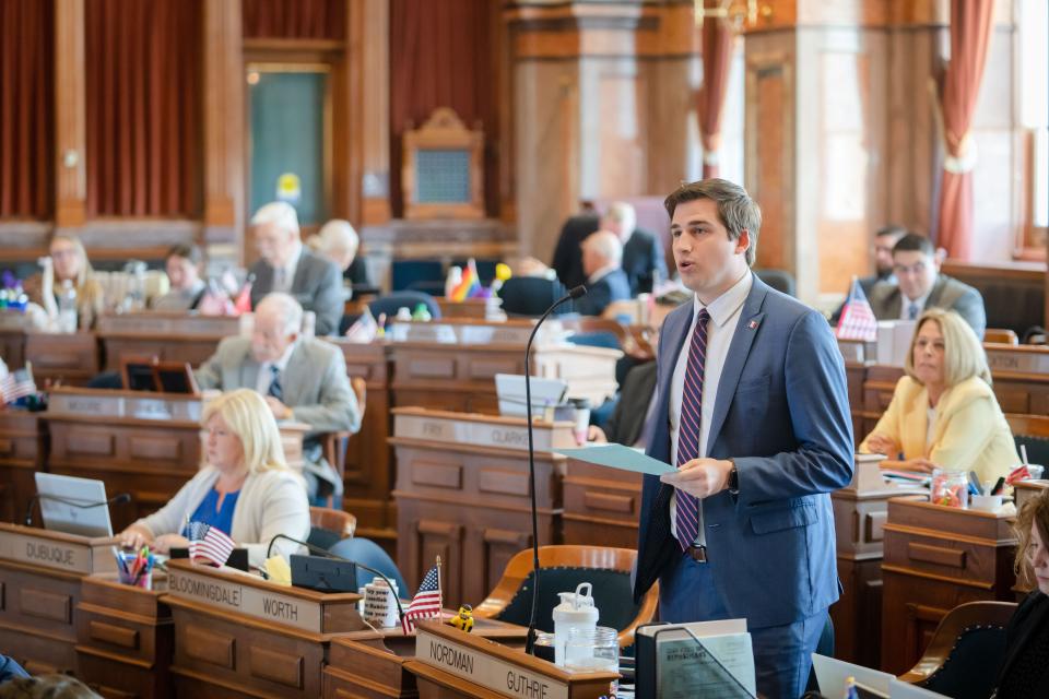 State Rep. Carter Nordman, R-Panora, speaks from the House floor at the Iowa State Capitol, Monday, May 1, 2023.