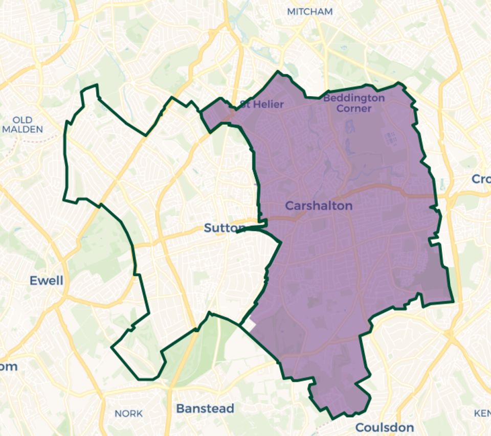 Carshalton and Wallington constituency map - Purple shaded area: current constituency boundary. Green outlines: new constituency boundaries (House of Commons)