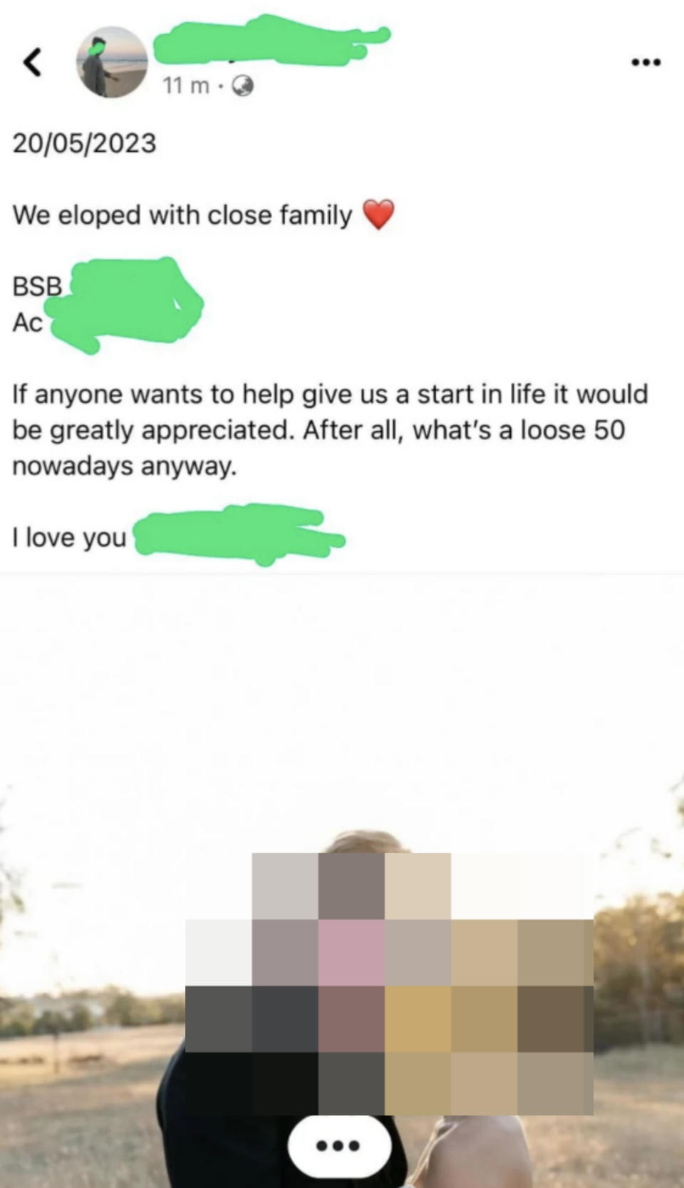 email asking for money with a message saying they eloped with a photo attached