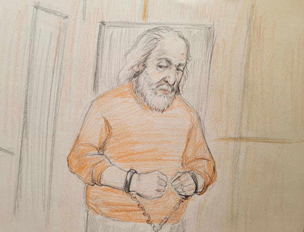 A sketch of Greg Fertuck appearing in Court of King's Bench in Saskatoon on Feb. 20, 2023.  (Kyle Martin/Kyle Martin Designs - image credit)