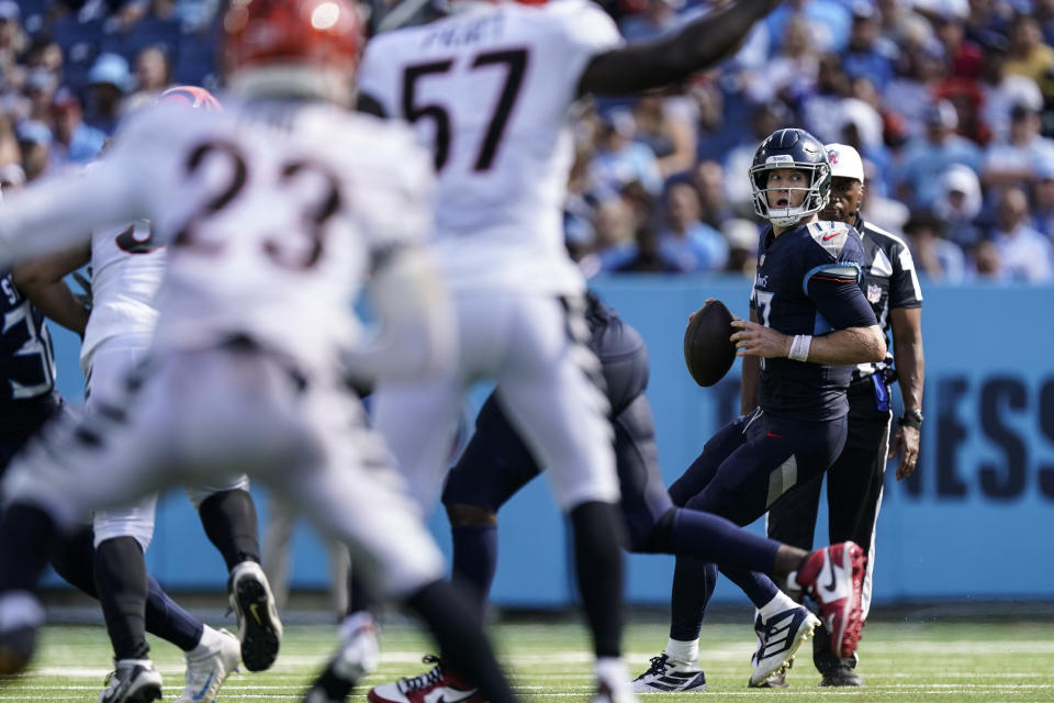 Tennessee Titans quarterback Ryan Tannehill (17) looks to pass against the Cincinnati Bengals during the second half of an NFL football game, Sunday, Oct. 1, 2023, in Nashville, Tenn. (AP Photo/George Walker IV)