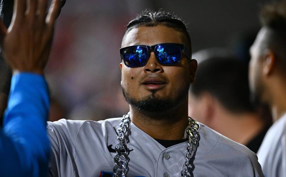 Miami Marlins second baseman Luis Arraez (3) celebrates with teammates after hitting a home run against the Philadelphia Phillies in the seventh inning at Citizens Bank Park on Tuesday, April 11, 2023.