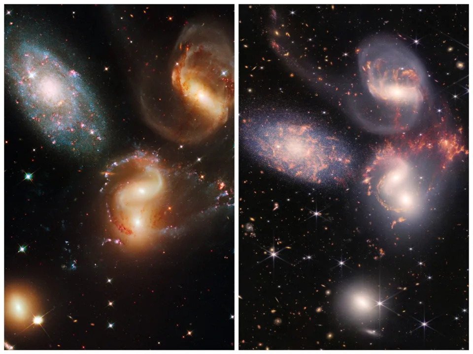 side by side images of cluster of five galaxies