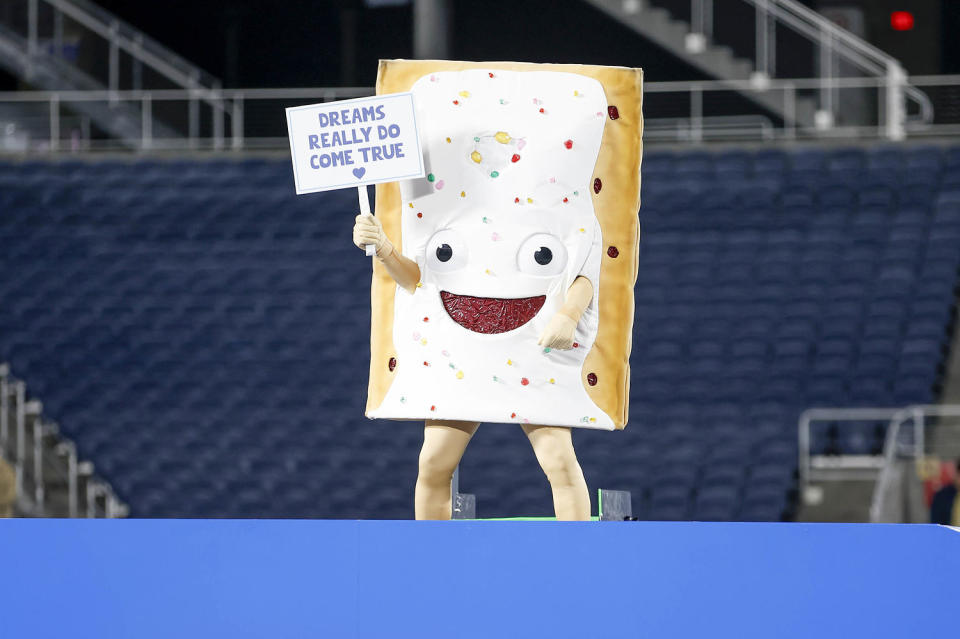 The Pop-Tart mascot at the 2023 Pop-Tart Bowl. (Icon Sportswire via Getty Images)