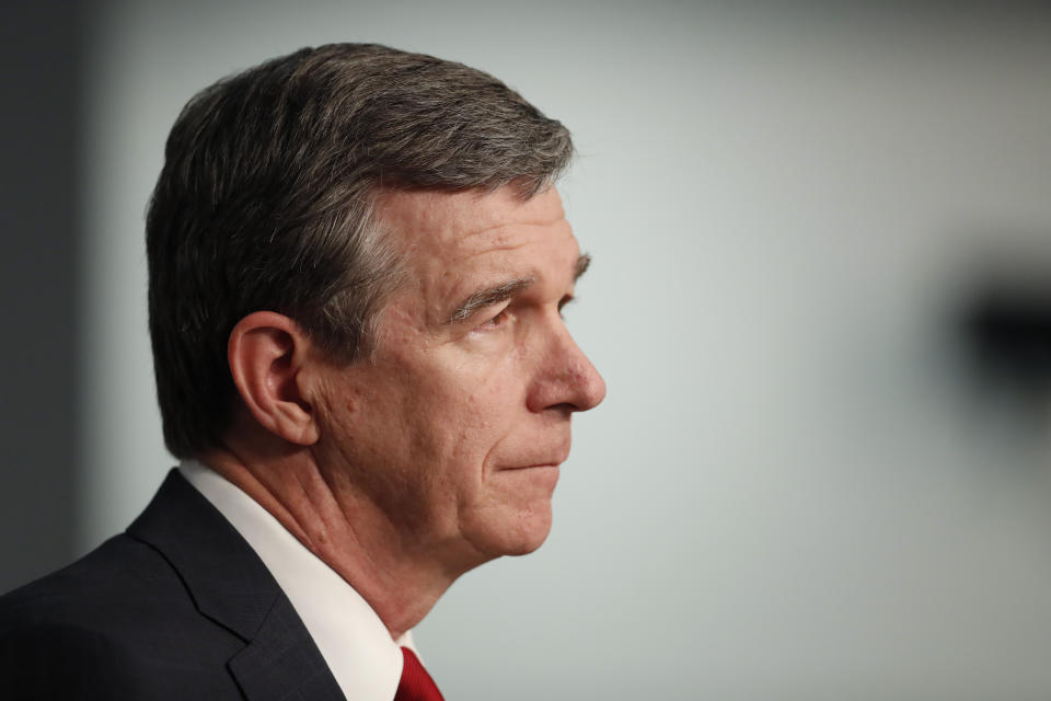 North Carolina Gov. Roy Cooper speaks during a briefing at the Emergency Operations Center in Raleigh, N.C., Tuesday, June 2, 2020. (Ethan Hyman/The News & Observer via AP)