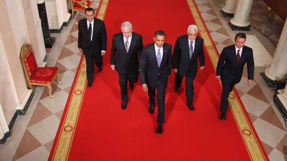 Obama brought Egyptian President Hosni Mubarak, Israeli Prime Minister Benjamin Netanyahu, Palestinian Authority President Mahmoud Abbas, and King Abdullah II to the White House for peace talks in 2010. - Alex Wong/Getty Images