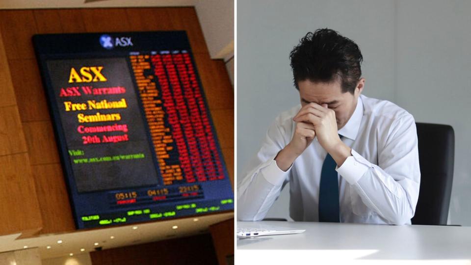 An ASX electronic board showing all red on the left, and a businessman despairing on the right.