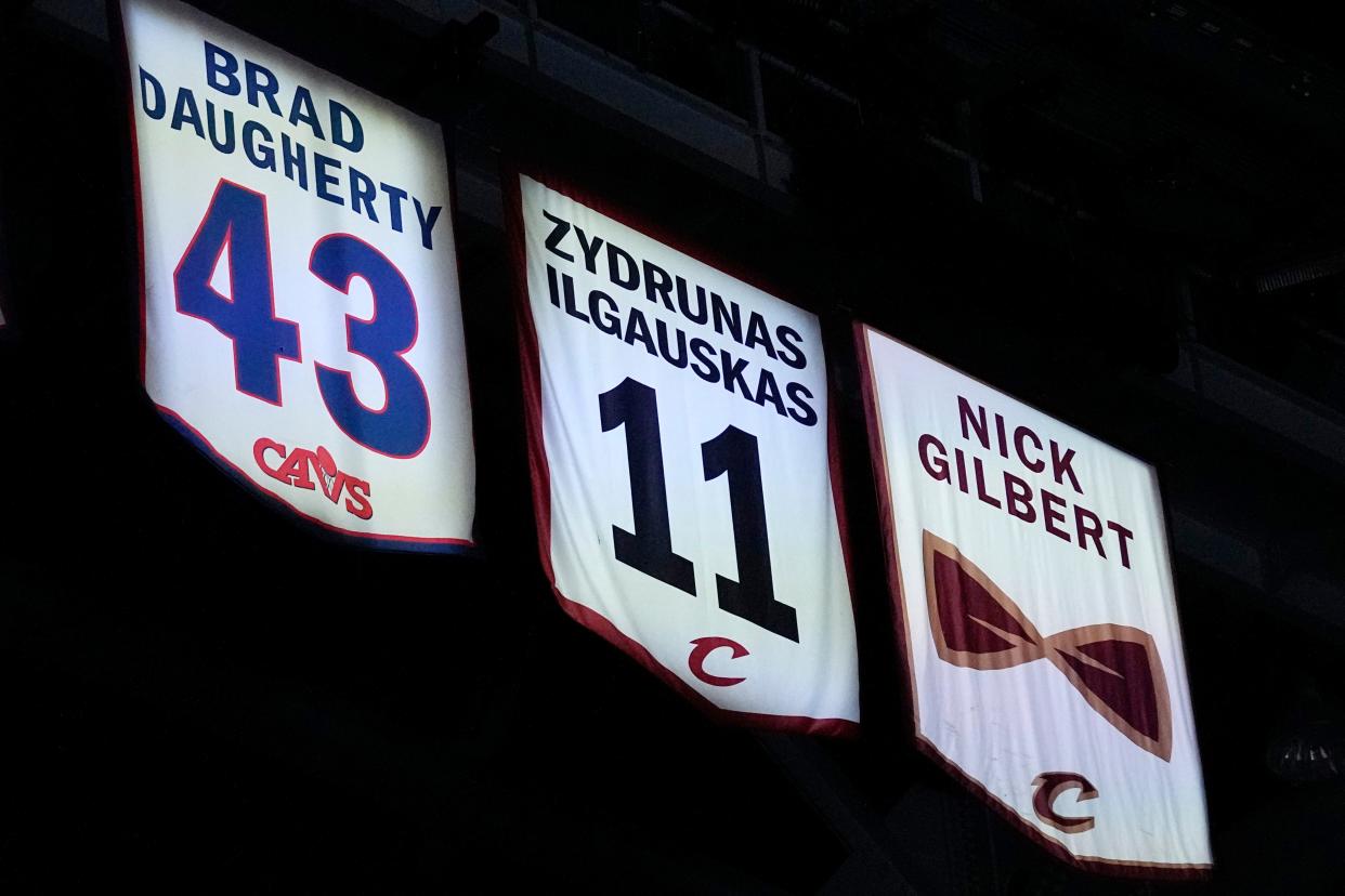A banner to honor Nick Gilbert, the late son of Cavaliers owner Dan Gilbert, who died in May at the age of 26, is pictured in the second half of an NBA basketball game against the New York Knicks, Sunday, March 3, 2024, in Cleveland. (AP Photo/Sue Ogrocki)