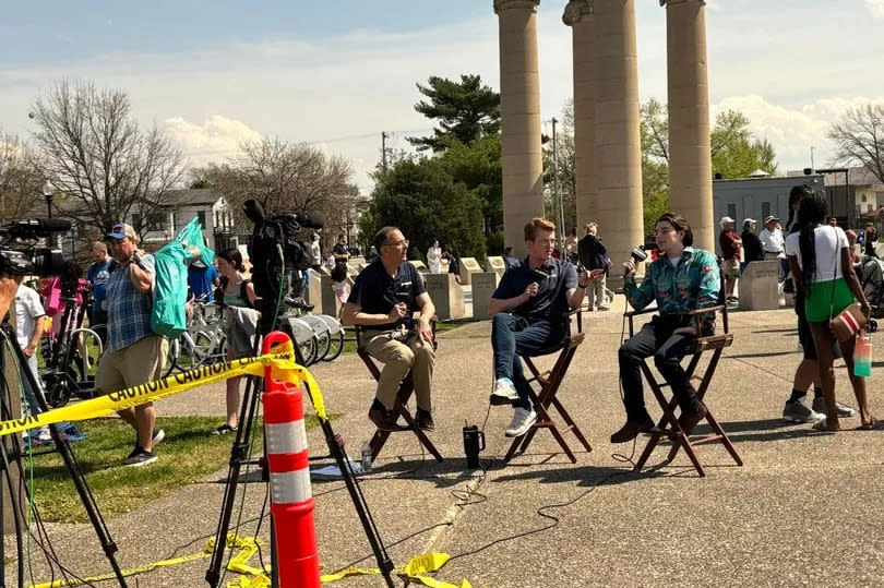 Evan being interviewed for the news