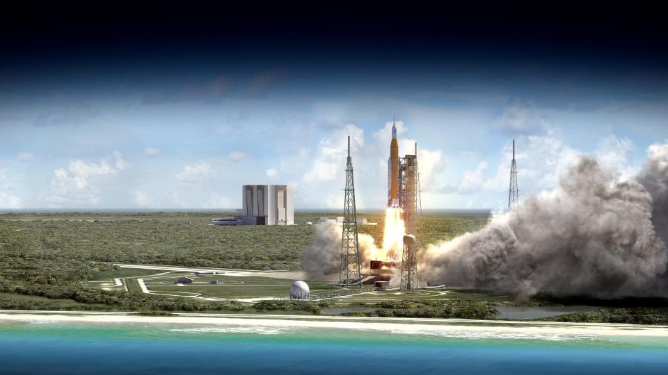 NASA's Space Launch System rocket launches from Kennedy Space Center's pad 39B in this rendering by the agency.