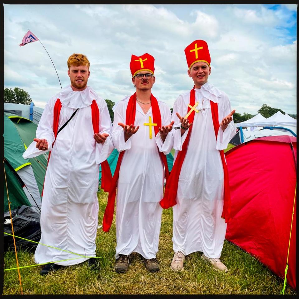 The Popes from Woking. Left to right Jake Tufts, Jamie Bamber and Steven Grace. They are mates since Primary school