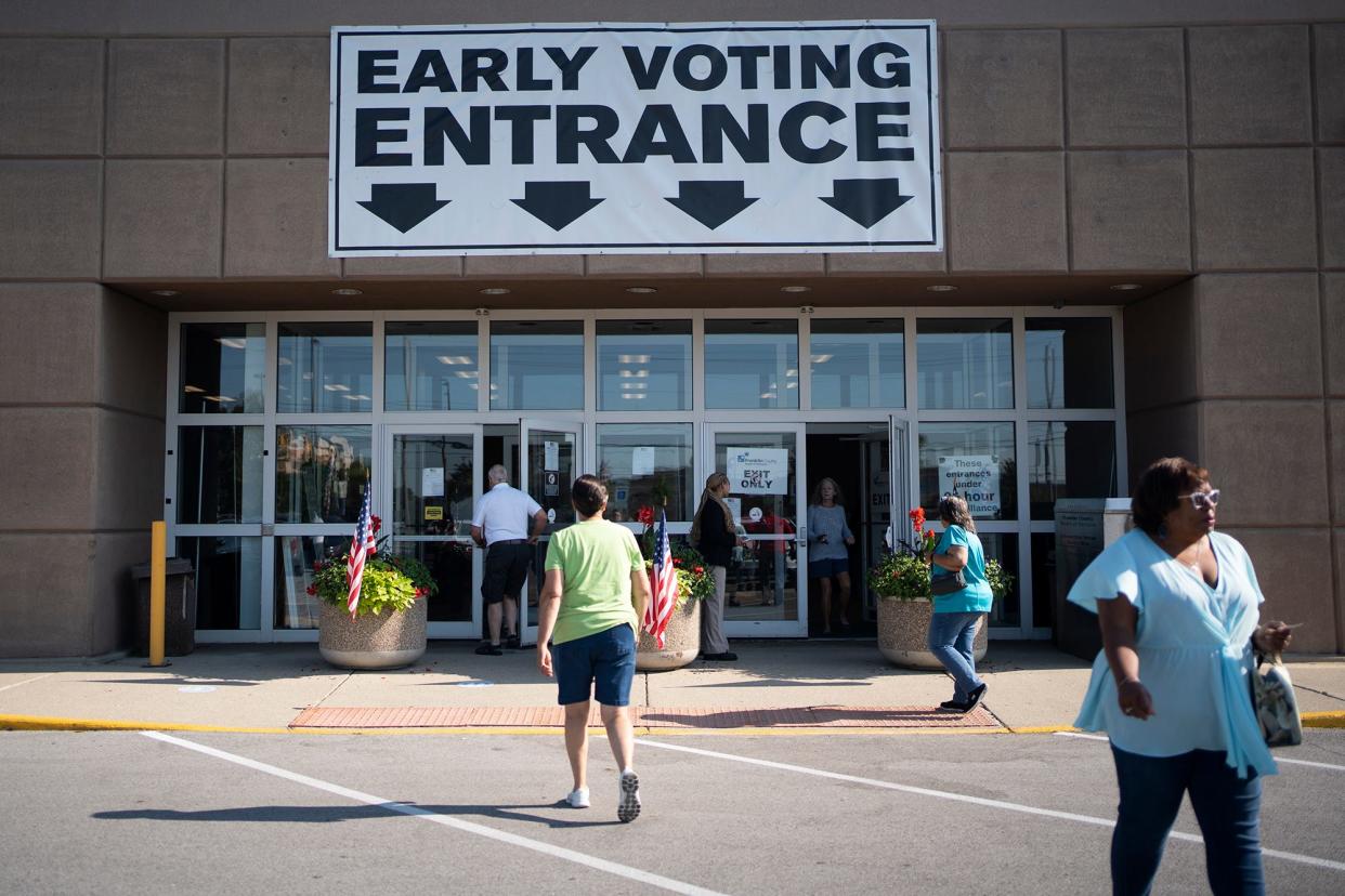 Jul 11, 2023; Columbus, OH, USA;  A steady stream of voters comes and goes on the first day of early voting for issue 1.