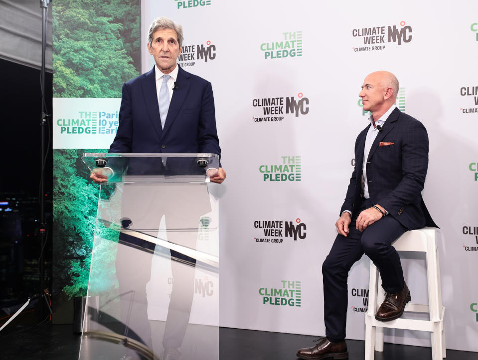 Kerry with Amazon founder Jeff Bezos<span class="copyright">Dimitrios Kambouris—Bezos Earth Fund/Getty Images</span>