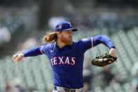 Texas Rangers pitcher Jon Gray throws during the first inning of a baseball game against the Detroit Tigers, Tuesday, April 16, 2024, in Detroit. (AP Photo/Carlos Osorio)