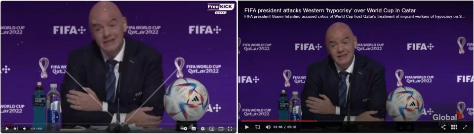<span>Screenshot comparison of the clip used in the false YouTube video (left) and the Global News video (right)</span>