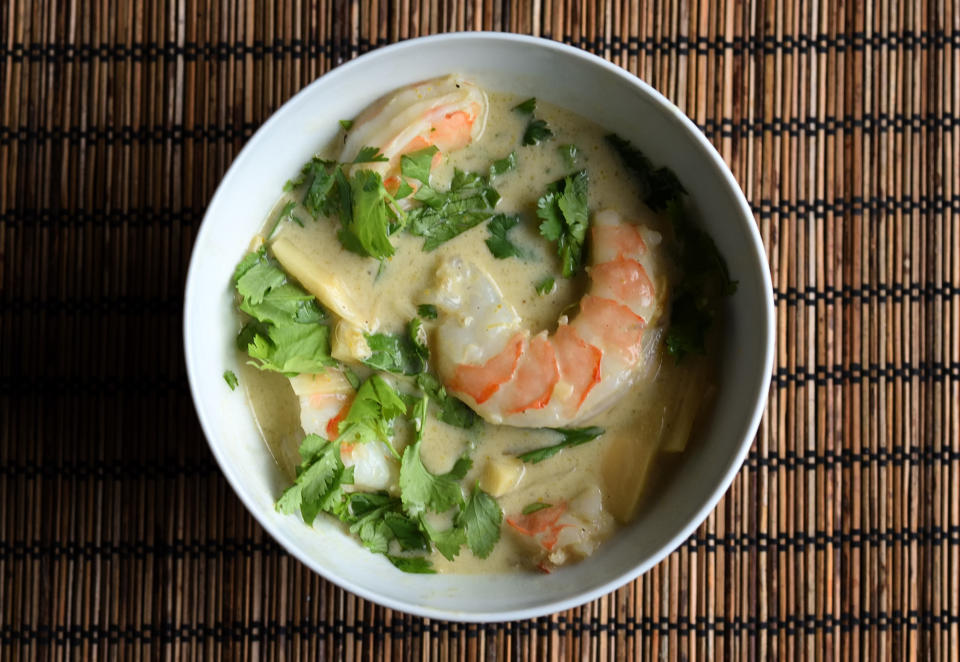 Shrimp curry in a bowl.