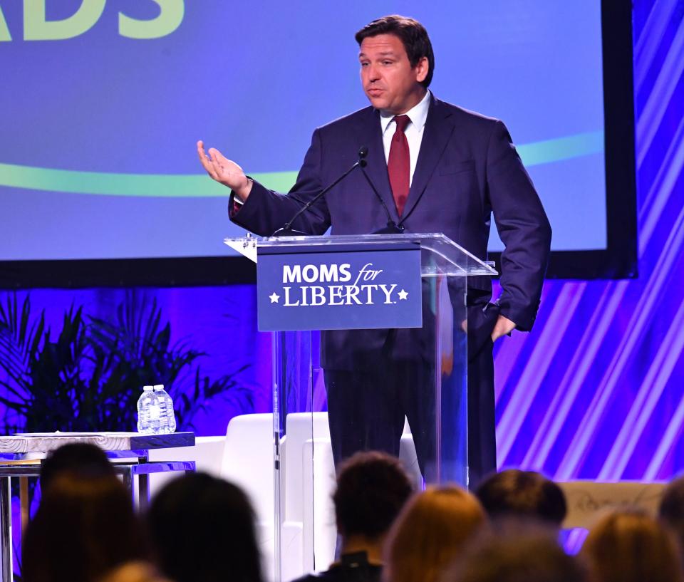 Florida Governor Ron Desantis speaks to attendees during the first Moms for Liberty National Summit on July 15 in Tampa.