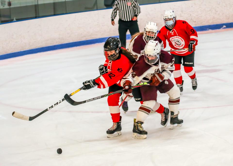 Old Rochester's Abby Thompson is knocked off the puck by Bishop Stang's Isabella Batista.