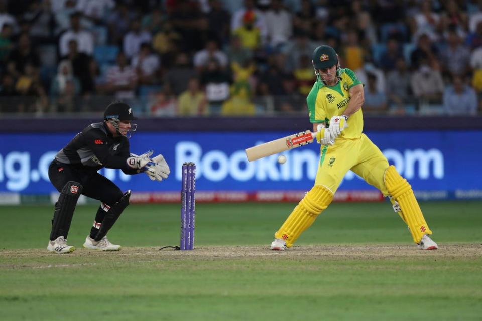 Australia’s Mitchell Marsh hits a shot en route to a half century (AP)