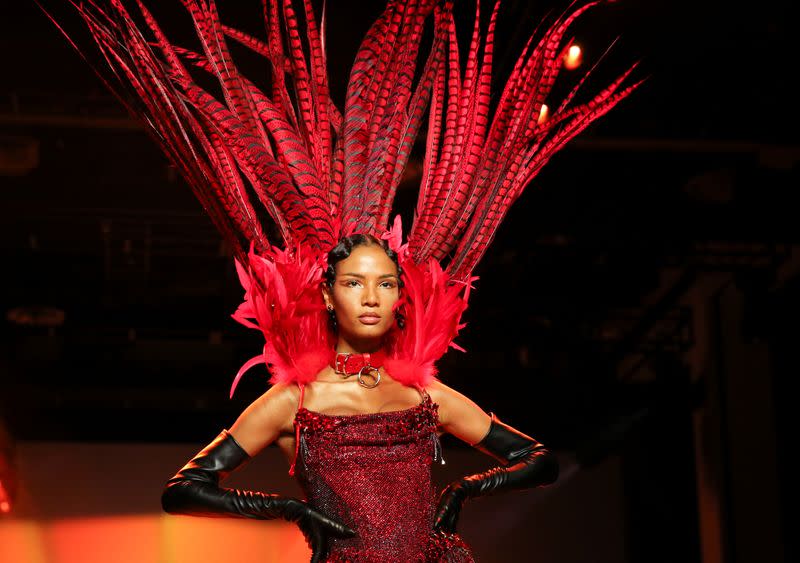 A model presents a creation from the Blonds Fall 2020 collection during New York Fashion Week