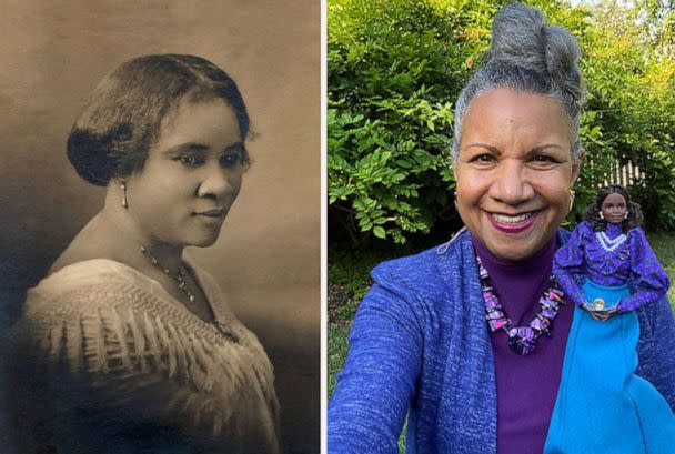 PHOTO: Madam C.J. Walker, pictured, was the first American woman to become a self-made millionaire (left); A'Lelia Bundles is pictured with the Barbie doll honoring her great-great-grandmother Madam C.J. Walker. (A'Lelia Bundles)