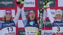 Alpine Skiing - FIS Alpine Skiing World Championships - Women's Alpine Combined - St. Moritz, Switzerland - 10/2/17 - Wendy Holdener of Switzerland is flanked by silver medalist Michelle Gisin of Switzerland (L) and Austria's bronze medal winner Michaela Kirchgasser of Austria after winning the gold medal in the Alpine Combined. REUTERS/Stefano Rellandini