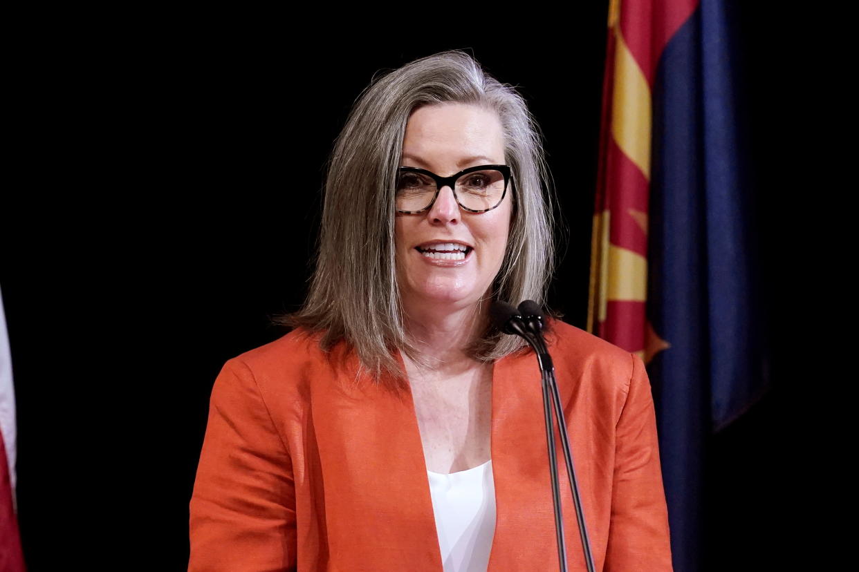 Arizona Secretary of State Katie Hobbs addresses the members of Arizona's Electoral College prior to them casting their votes in Phoenix, Arizona on December 14, 2020. (Ross D. Franklin/Pool via Reuters)