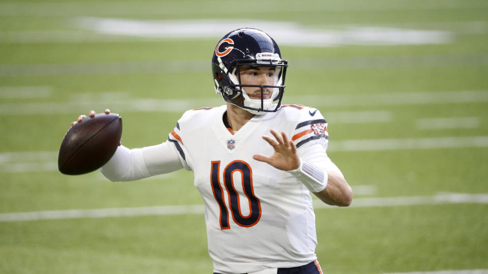 Chicago Bears quarterback Mitchell Trubisky throws a pass during an NFL football game against the Minnesota Vikings, Sunday, Dec. 20, 2020, in Minneapolis. (AP Photo/Bruce Kluckhohn)