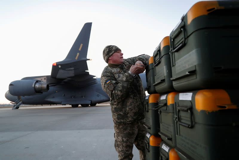 FILE PHOTO: Ukraine receives shipment of Lithuania's military aid at an airport outside Kyiv