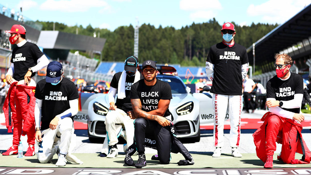 F1 drivers, pictured here during a Black Lives Matter protest at the Austrian Grand Prix.