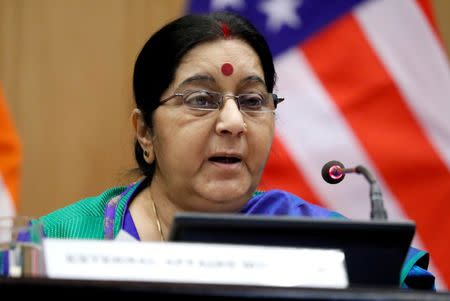 Indian Foreign Minister Sushma Swaraj, speaks during a media availability with U.S. Secretary of State Rex Tillerson, after their meeting at the Indian Foreign Ministry in New Delhi, India, October 25, 2017. REUTERS/Alex Brandon/Pool