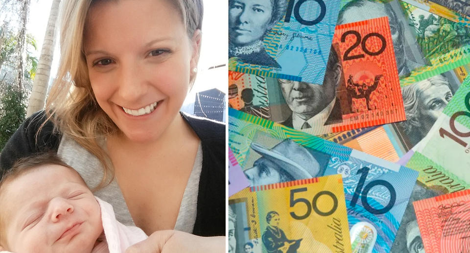 Woman and newborn baby. Australian money notes.