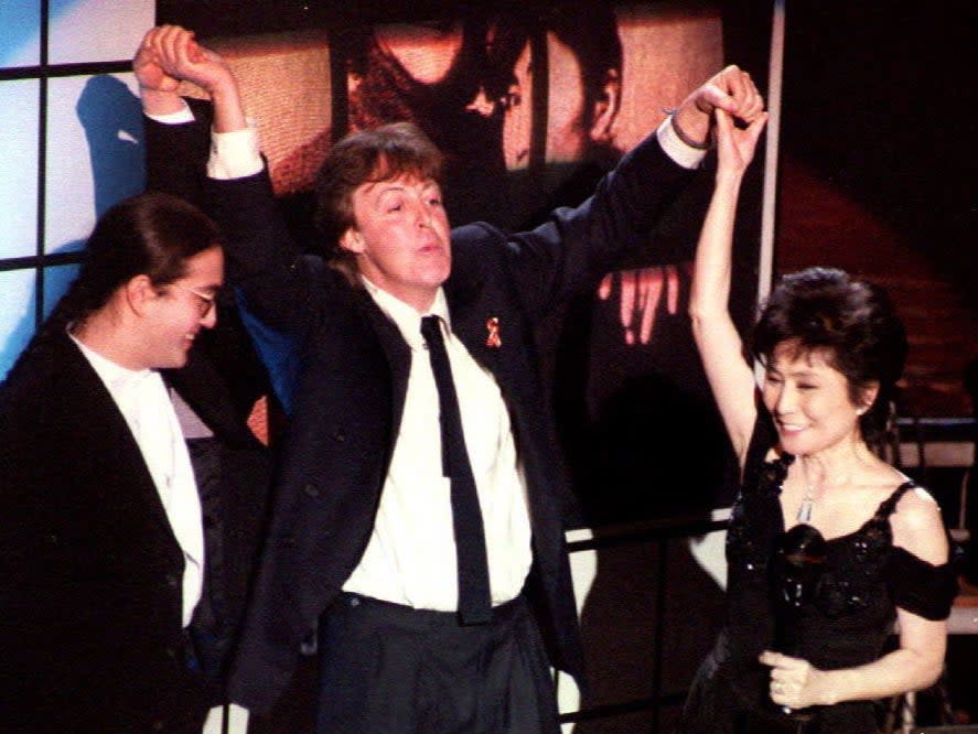 <p>Sir Paul McCartney with Sean Lennon and Yoko Ono at the Rock and Roll Hall of Fame induction in New York, January 1994</p> (AFP via Getty Images)