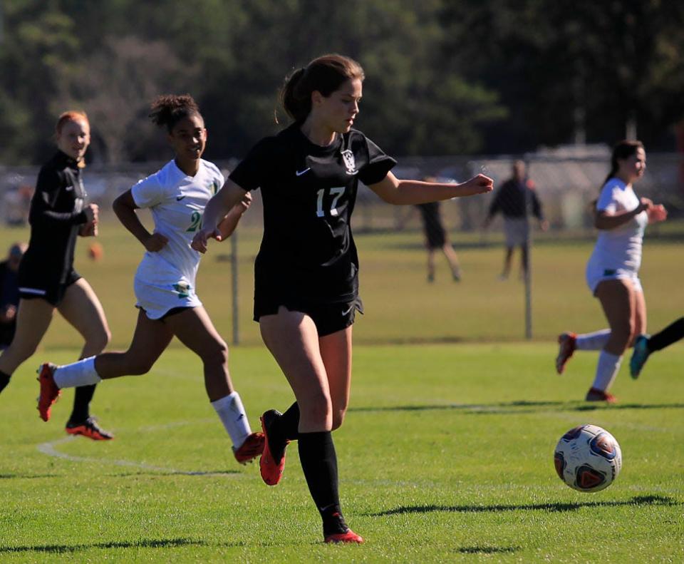 Spruce Creek (17) Kate Montgomery, battles it out during the Five Star Conference Tournament for Boys and Girls Soccer on Saturday, Jan.7th,2023.