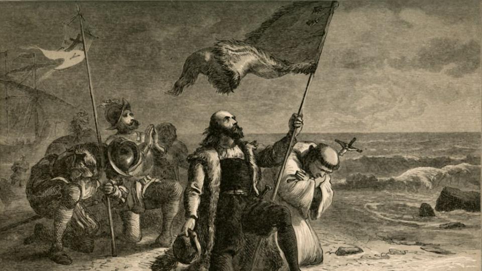 a drawing showing christopher columbus on one knee and planting a flag after landing on an island