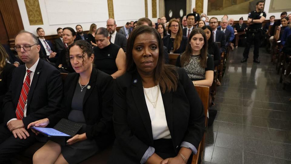New York Attorney General Letitia James (C) listens during former U.S. President Donald Trump's civil fraud case at a Manhattan courthouse, in New York City, on Oct. 2, 2023. Trump was in court Monday for what he slammed as a 