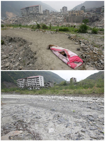 A combination picture shows a covered body placed in front of the ruins of a destroyed old city district three days after 2008 Sichuan earthquake, May 15, 2008 (top), and the same view ahead of the tenth anniversary of the earthquake, in Beichuan county, Sichuan province, China, April 6, 2018. REUTERS/Jason Lee