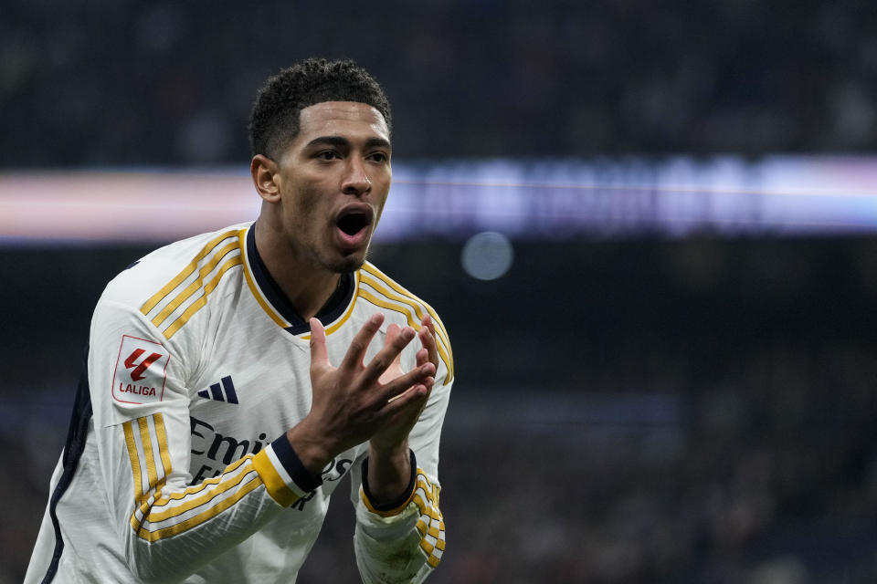 Real Madrid's Jude Bellingham reacts during a Spanish La Liga soccer match between Real Madrid and Almeria at the Santiago Bernabeu stadium in Madrid, Spain, Sunday, Jan. 21, 2024. (AP Photo/Bernat Armangue )