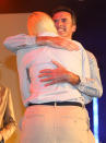 LONDON, ENGLAND - JULY 26: Australian Chief de Mission Nick Green embraces Basketballer Lauren Jackson after announcing her as the Australian flag bearer at the Australian Olympic Council 2012 Olympic Games team flag bearer announcement at the Stratford Westfield Southern Lounge on July 26, 2012 in London, England. (Photo by Cameron Spencer/Getty Images)