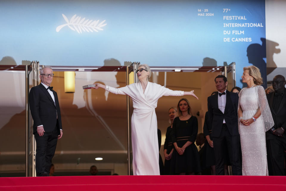 Festival director Thierry Fremaux, left, Meryl Streep and festival president Iris Knobloch, right, pose for photographers upon arrival at the awards ceremony and the premiere of the film 'The Second Act' during the 77th international film festival, Cannes, southern France, Tuesday, May 14, 2024. (Photo by Scott Garfitt/Invision/AP)