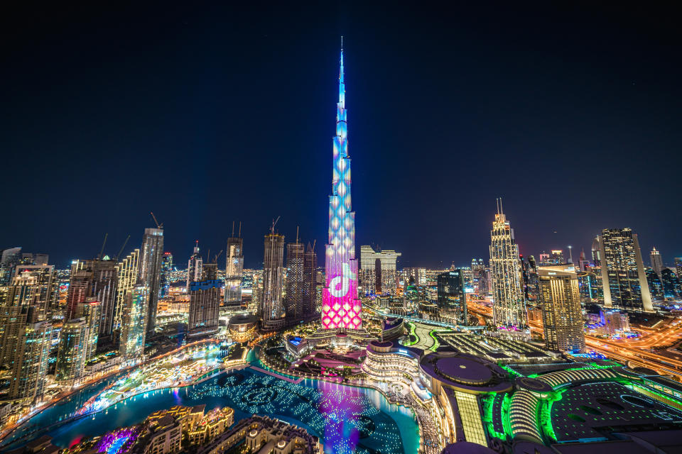 The Burj Khalifa skyscraper is lit up in preparation for New Year's Eve celebrations in Dubai, United Arab Emirates on Dec. 31, 2020. (Phto by Alex G. Perez/AGPfoto/Sipa USA)