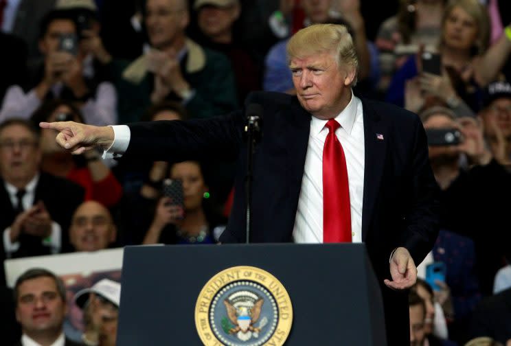 President Trump addresses the crowd earlier this week during a rally in Louisville, Ky.