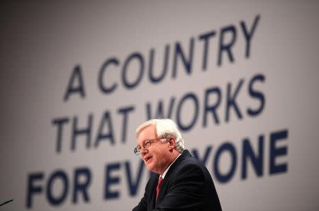 Britain's Secretary of State for Exiting the European Union David Davies speaks at the annual Conservative Party Conference in Birmingham, Britain, October 2, 2016. REUTERS/Toby Melville