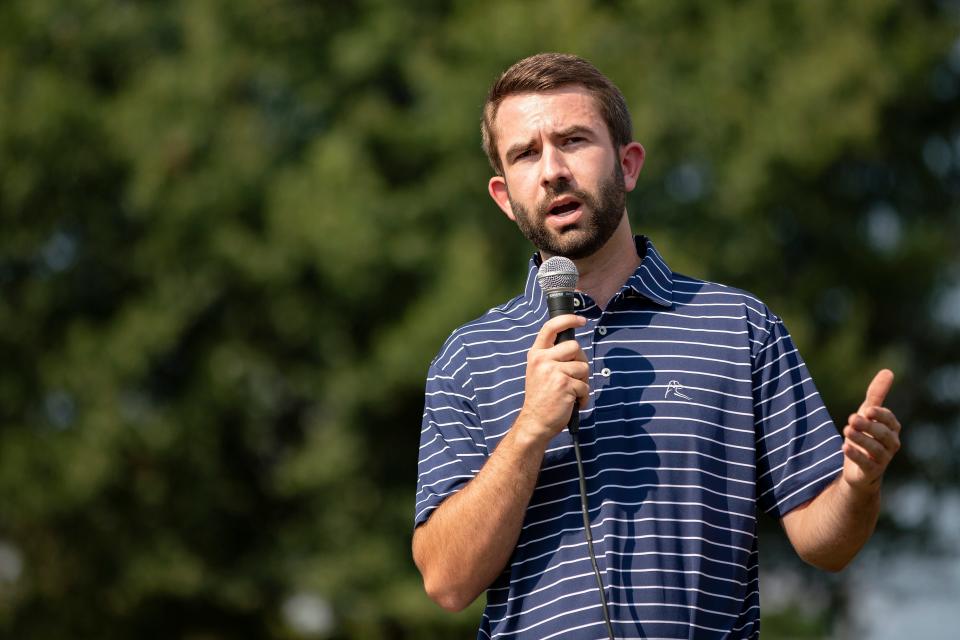 FILE - State Rep. Houston Gaines speaks to North Oconee High Schoolers during the school's annual 9/11 memorial on Monday, Sept. 13 in Bogart.