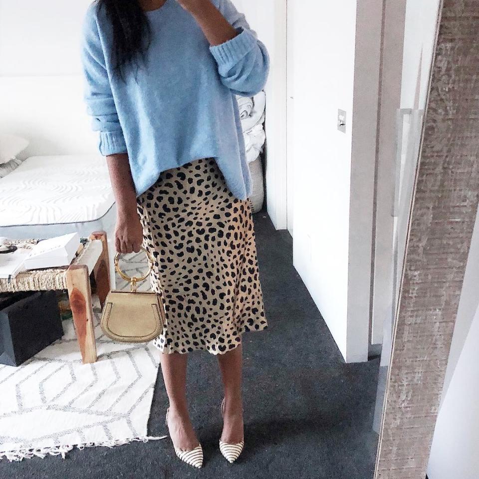 <p>Because June gloom and cool summer nights are definitely a thing, this sweater-skirt combo still reads super seasonal, especially when you work in a poppy pastel-blue sweater.</p> <h4>@shalinipapas</h4> <p> <strong>Related Articles</strong> <ul> <li><a rel="nofollow noopener" href="http://thezoereport.com/fashion/style-tips/box-of-style-ways-to-wear-cape-trend/?utm_source=yahoo&utm_medium=syndication" target="_blank" data-ylk="slk:The Key Styling Piece Your Wardrobe Needs;elm:context_link;itc:0;sec:content-canvas" class="link ">The Key Styling Piece Your Wardrobe Needs</a></li><li><a rel="nofollow noopener" href="http://thezoereport.com/living/wellness/free-sleep-app-nicole-kidman-swears/?utm_source=yahoo&utm_medium=syndication" target="_blank" data-ylk="slk:The Free Sleep App That Nicole Kidman Swears By;elm:context_link;itc:0;sec:content-canvas" class="link ">The Free Sleep App That Nicole Kidman Swears By</a></li><li><a rel="nofollow noopener" href="http://thezoereport.com/culture/zeitgeist/cut-5-unnecessary-spending-habits-30-days-happened/?utm_source=yahoo&utm_medium=syndication" target="_blank" data-ylk="slk:I Cut 5 Unnecessary Spending Habits For 30 Days And This is What Happened;elm:context_link;itc:0;sec:content-canvas" class="link ">I Cut 5 Unnecessary Spending Habits For 30 Days And This is What Happened</a></li> </ul> </p>