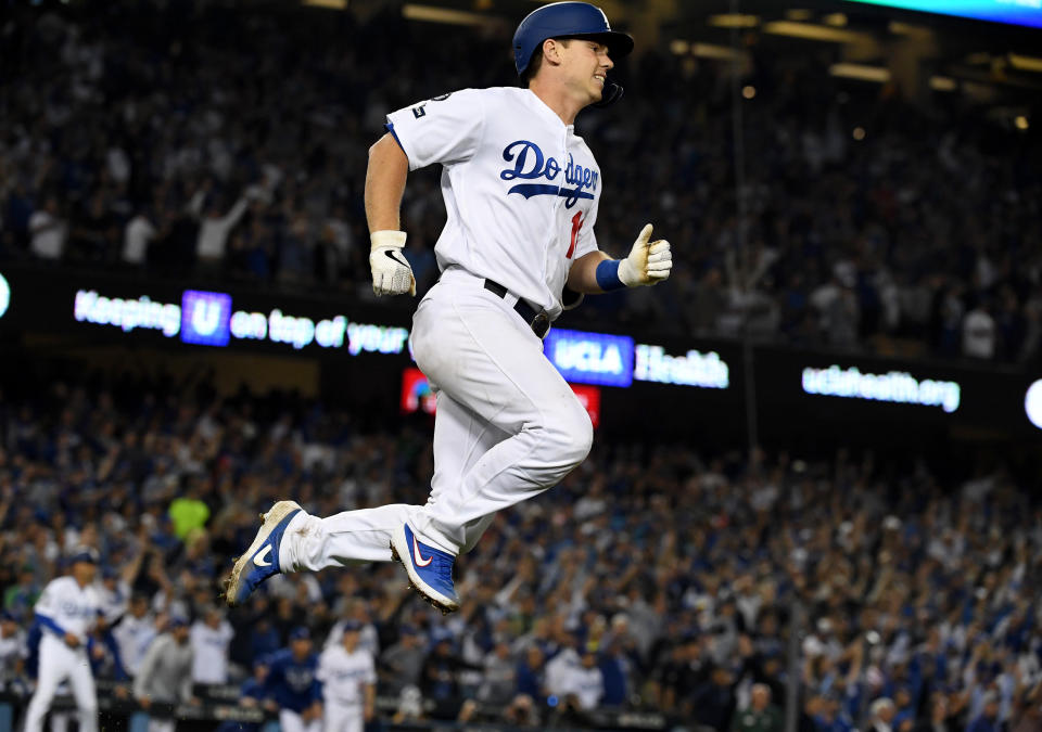 LOS ANGELES, CA - October 9: Will Smith #16 of the Los Angeles Dodgers leaps in the air after just missing a game winning home run against the Washington Nationals in the ninth inning of game five of the National League Division Series at Dodger Stadium on Wednesday, Oct. 09, 2019 in Los Angeles, California. (Photo by Keith Birmingham/MediaNews Group/Pasadena Star-News via Getty Images)"n